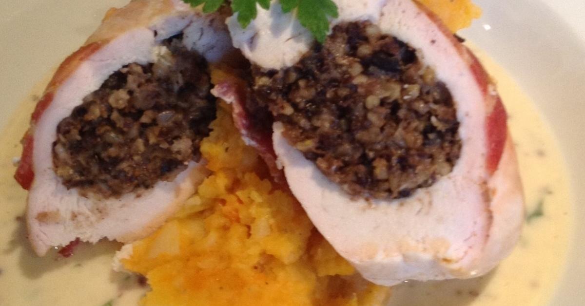 Balmoral Chicken, stuffed with Haggis, Root Vegetable Mash and Whisky